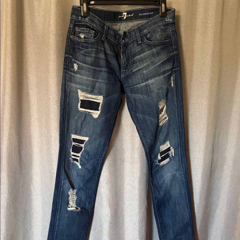 7 For All Mankind Distressed Dark Blue Skinny Jeans